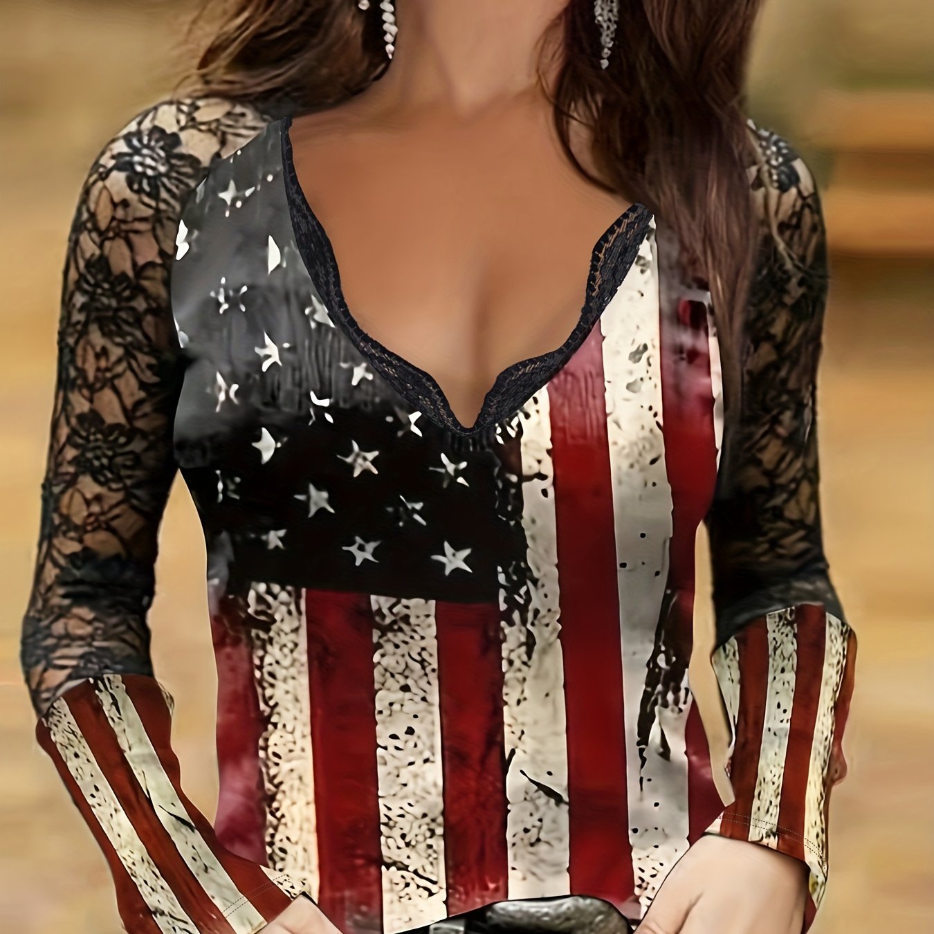 American Flag Print Contrast Lace Top, Casual V Neck Long Sleeve T-Shirt For Spring & Fall, Women's Clothing