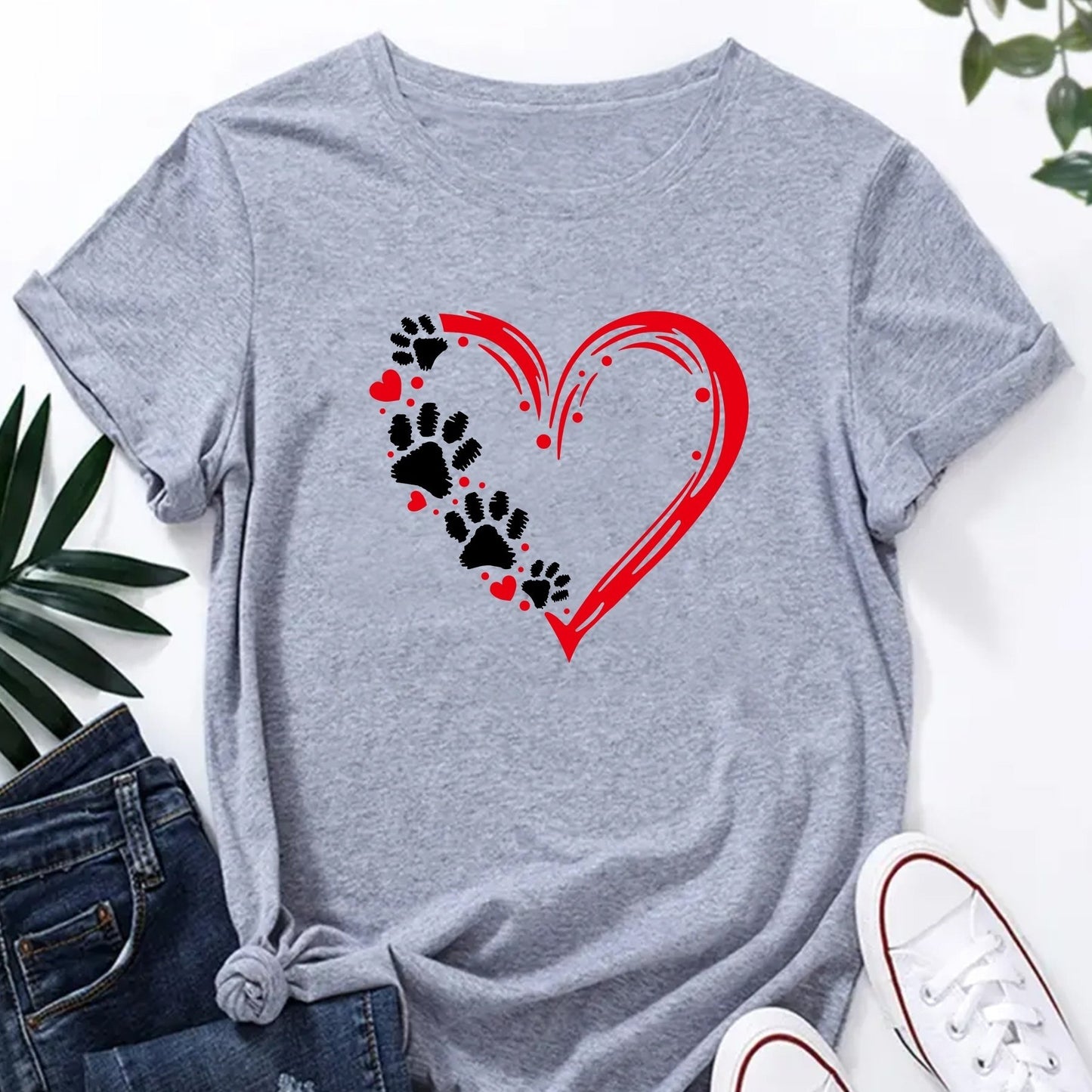 Dog Paw Print T-Shirt, Short Sleeve Crew Neck Casual Top For Spring & Summer, Women's Clothing